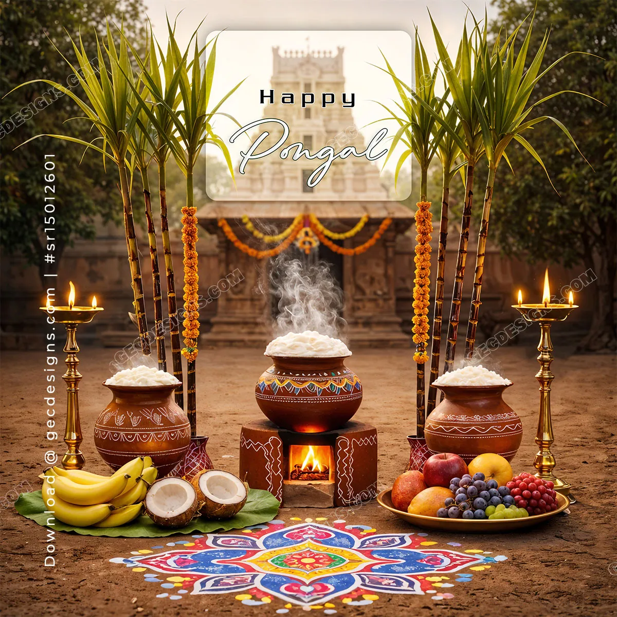 happy pongal image with temple background traditional pongal setup and festive decorations sr15012601 cover
